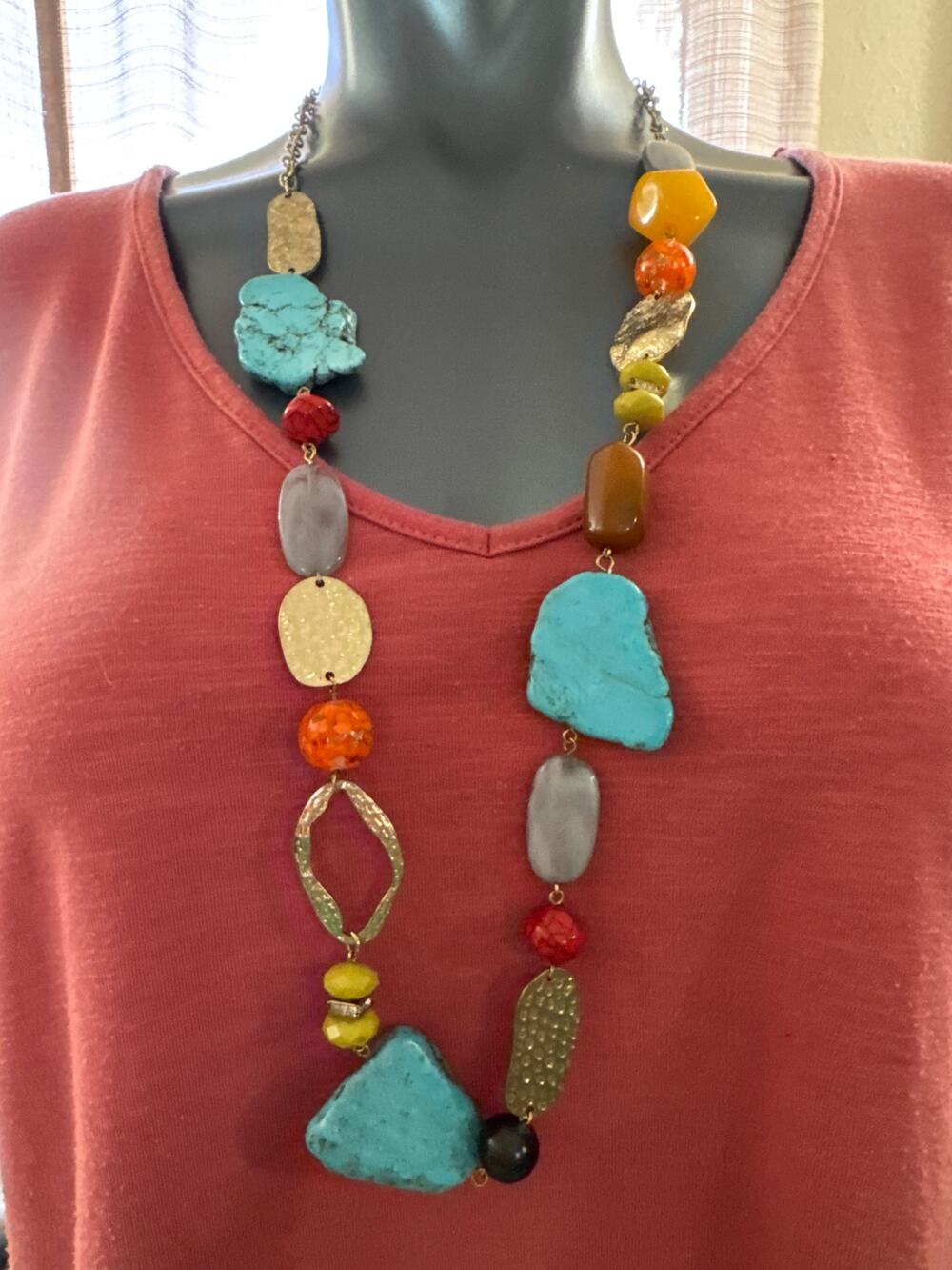 Costume Multi Colored and Shaped Beads Hammered Gold Discs  33” Long Necklace